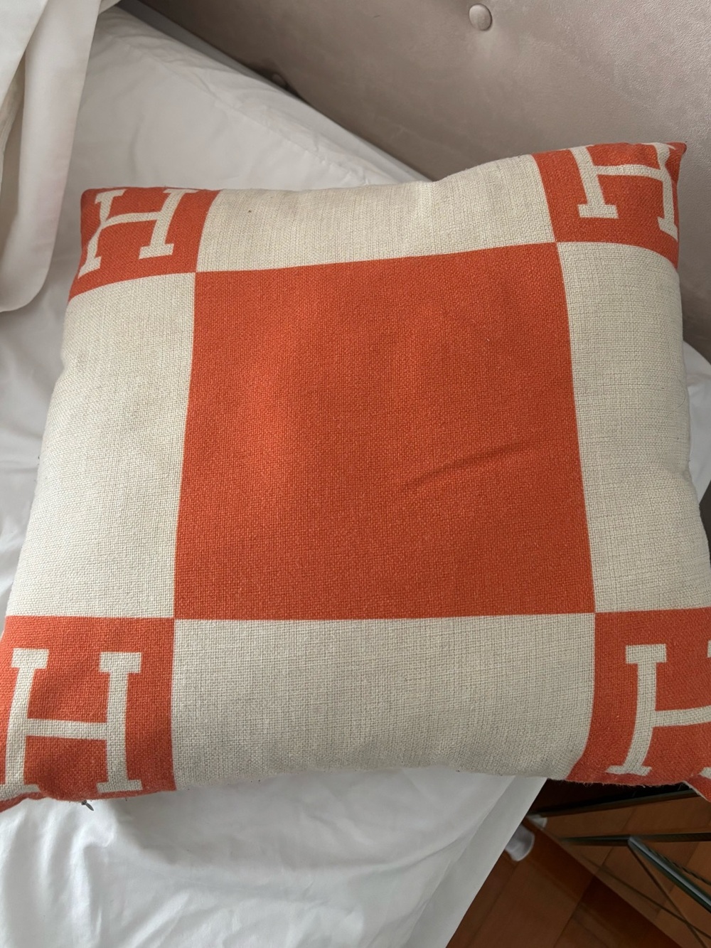 Hermes Orange and Cream Check Throw Pillow